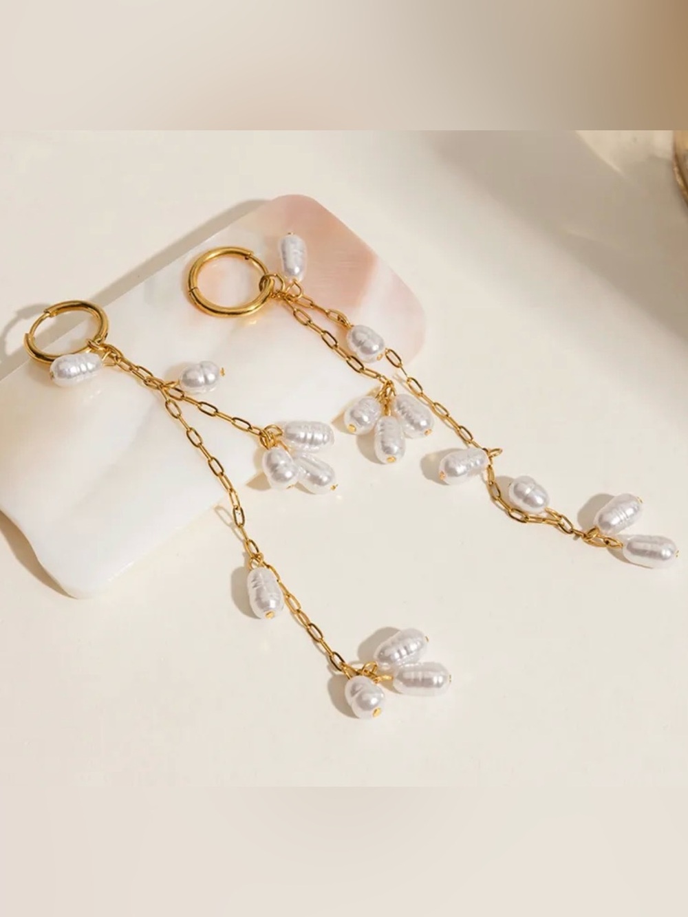 White Pearls Dangle Chain Earrings Pearl Wedding Bridal Earrings